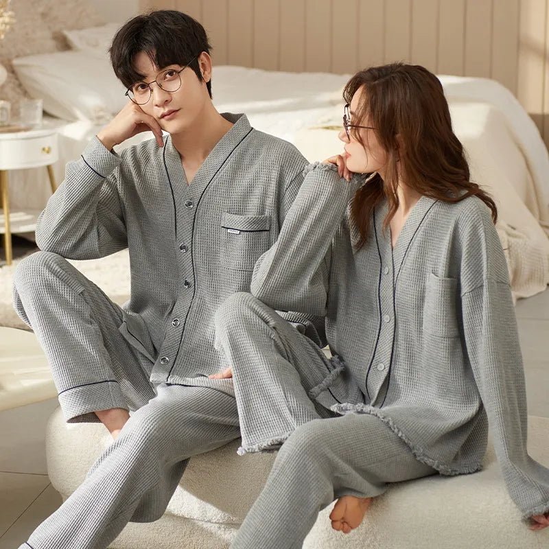 Autumn Couple Pijamas Set For Men Women Cotton Kimono Homewear Man Pjs Female Pijamas Suit Pyjamas Home Clothes Drop Ship - Jaazi Intl