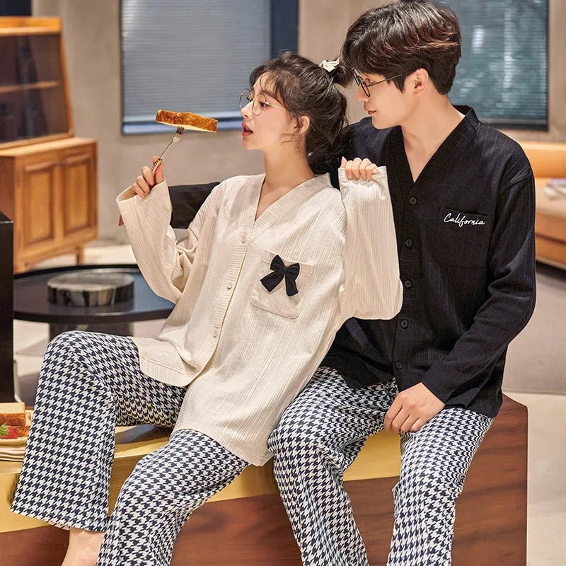 Autumn Couple Pijamas Set For Men Women Cotton Kimono Homewear Man Pjs Female Pijamas Suit Pyjamas Home Clothes Drop Ship - Jaazi Intl