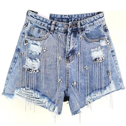 Tassel Rhinestone Denim Shorts