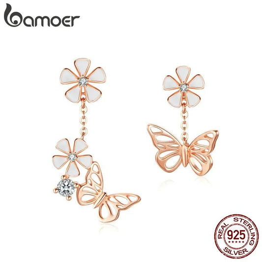 Bamoer 925 Sterling Silver Rose Gold Butterfly Drop Earrings Asymmetric Flower Dangle Earrings for Women Fine Jewelry BSE100 - Jaazi Intl