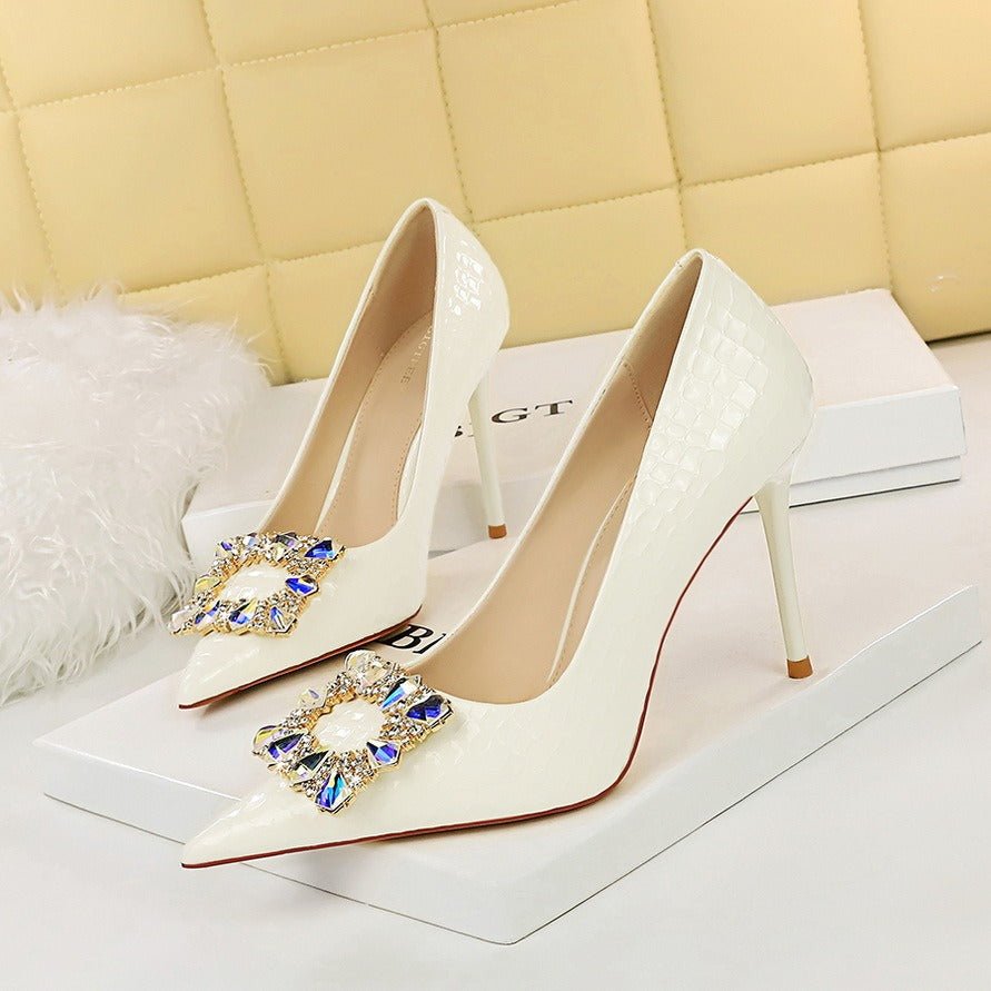 Banquet high heels thin women shoes stiletto super high heel shallow mouth pointed metal rhinestone buckle single shoes - Jaazi Intl