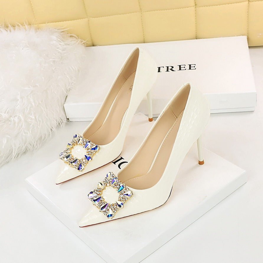 Banquet high heels thin women shoes stiletto super high heel shallow mouth pointed metal rhinestone buckle single shoes - Jaazi Intl