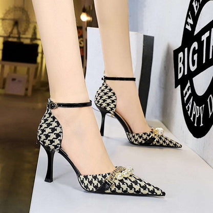 Banquet hollow high heels plaid houndstooth pearl metal chain strappy sandals - Jaazi Intl