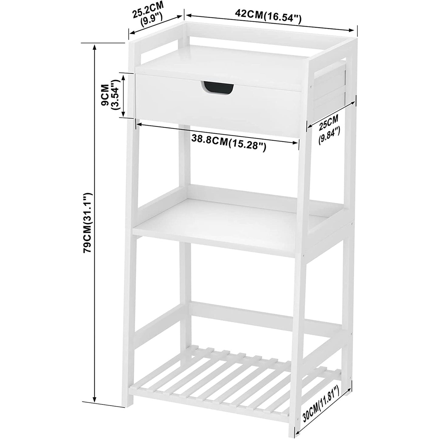 Bathroom Shelves, 3 Tier Ladder Shelf with Drawers, Bamboo Nightstand Open Shelving, Bookshelf Bookcase End Table Plant Stand for Living Room, Bedroom, Bathroom, Kitchen (White) - Jaazi Intl