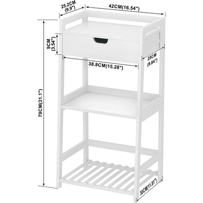 Bathroom Shelves, 3 Tier Ladder Shelf with Drawers, Bamboo Nightstand Open Shelving, Bookshelf Bookcase End Table Plant Stand for Living Room, Bedroom, Bathroom, Kitchen (White) - Jaazi Intl