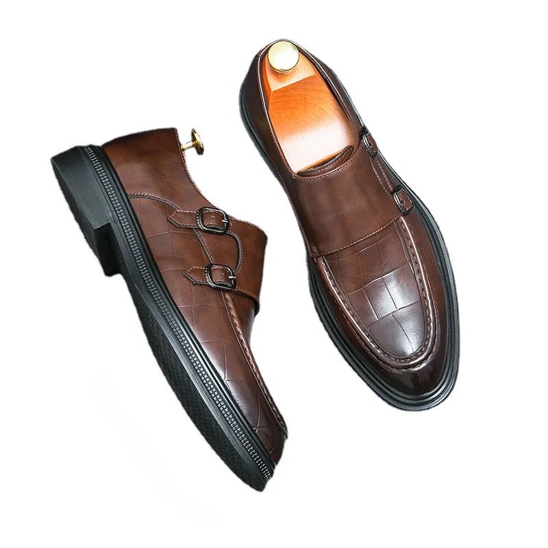 Black Men Formal Shoes Brown Loafers Slip-On Round Toe Business Double Buckle Monk Shoes for Men with Free Shipping - Jaazi Intl