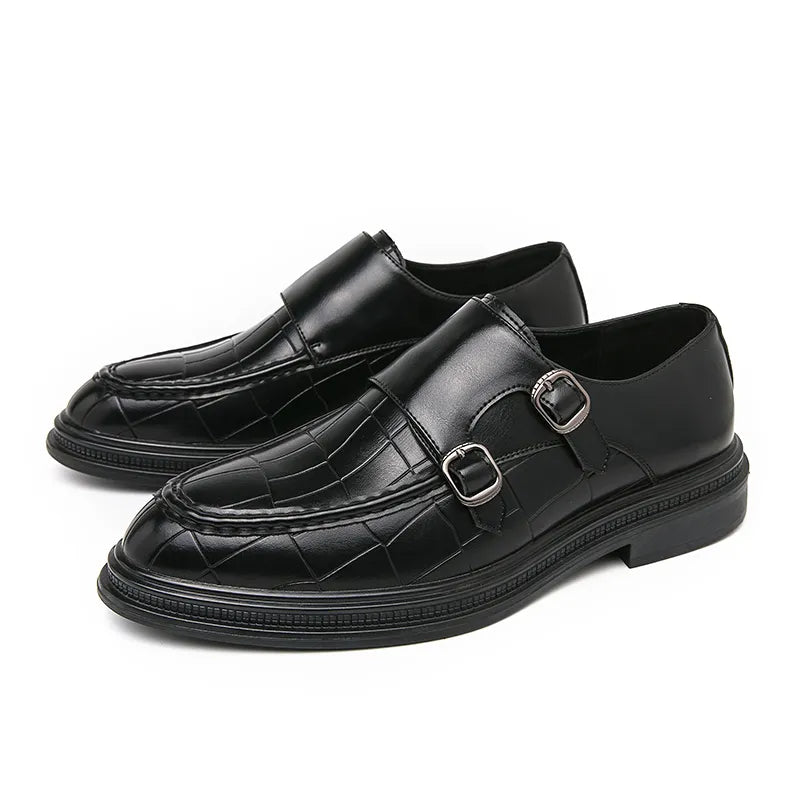 Black Men Formal Shoes Brown Loafers Slip-On Round Toe Business Double Buckle Monk Shoes for Men with Free Shipping - Jaazi Intl