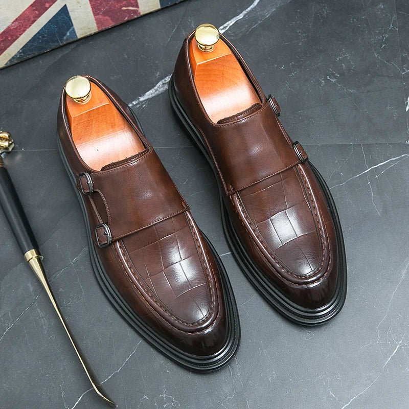 Black Men Formal Shoes Brown Loafers Slip-On Round Toe Business Double Buckle Monk Shoes for Men with Free Shipping - Jaazi Intl