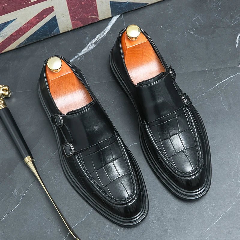 Black Men Formal Shoes Brown Loafers Slip-On Round Toe Business Double Buckle Monk Shoes for Men with Free Shipping - Jaazi Intl