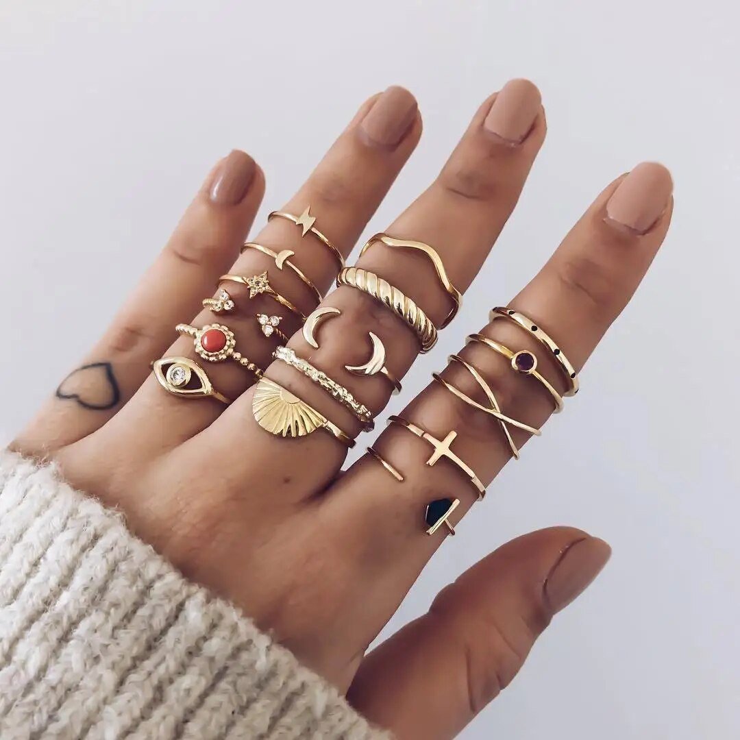 bohemian style gold rings for girls boho jewelry women evil eye ring slytherin ring set anillos finger bague schmuck accessories - Jaazi Intl