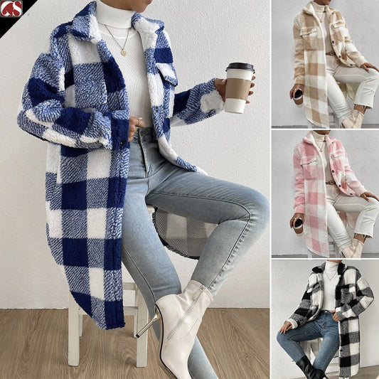 Button Lapel Plush Plaid Coat Loose - Jaazi Intl