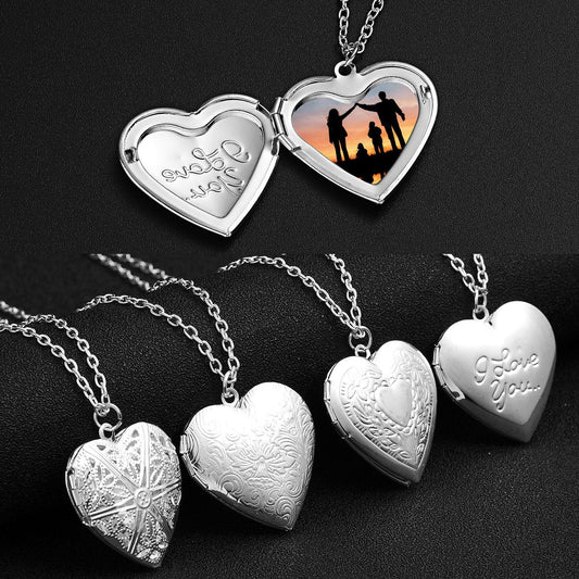 Carved Design Love Necklace Personalized Heart-shaped Photo Frame Pendant Necklace For Women Family Jewelry For Valentine's Day - Jaazi Intl