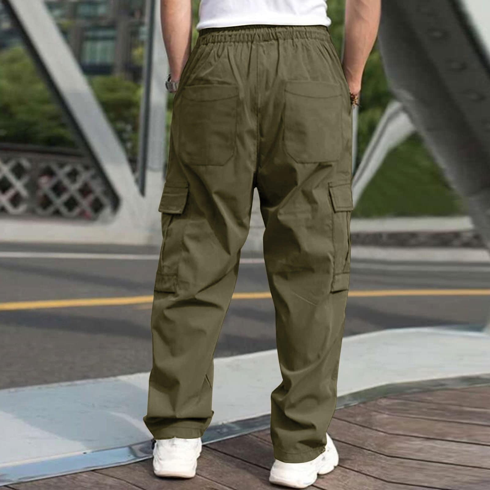 Casual Cargo Pants For Men Loose Straight Drawstring Waist Trousers With Pockets - Jaazi Intl