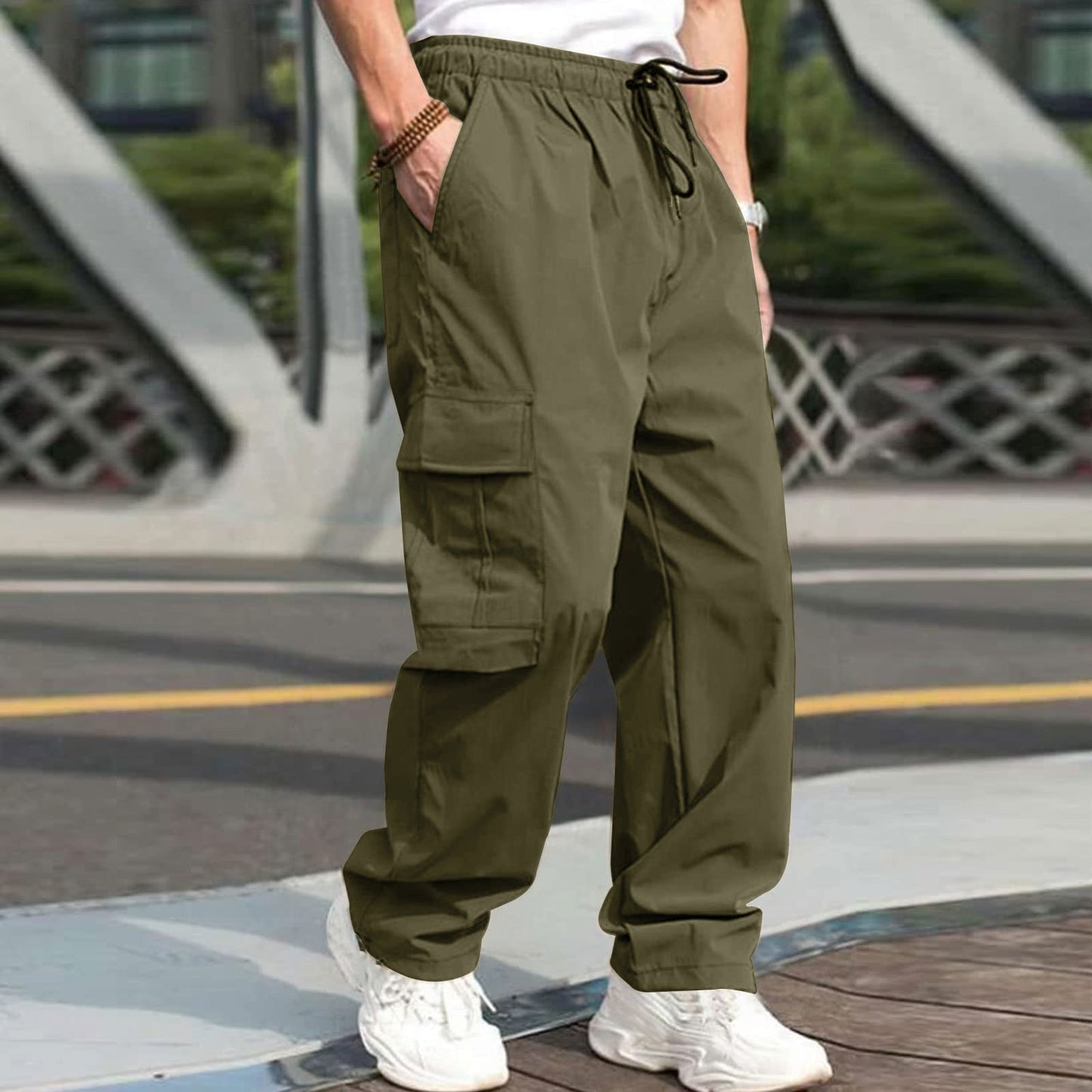 Casual Cargo Pants For Men Loose Straight Drawstring Waist Trousers With Pockets - Jaazi Intl