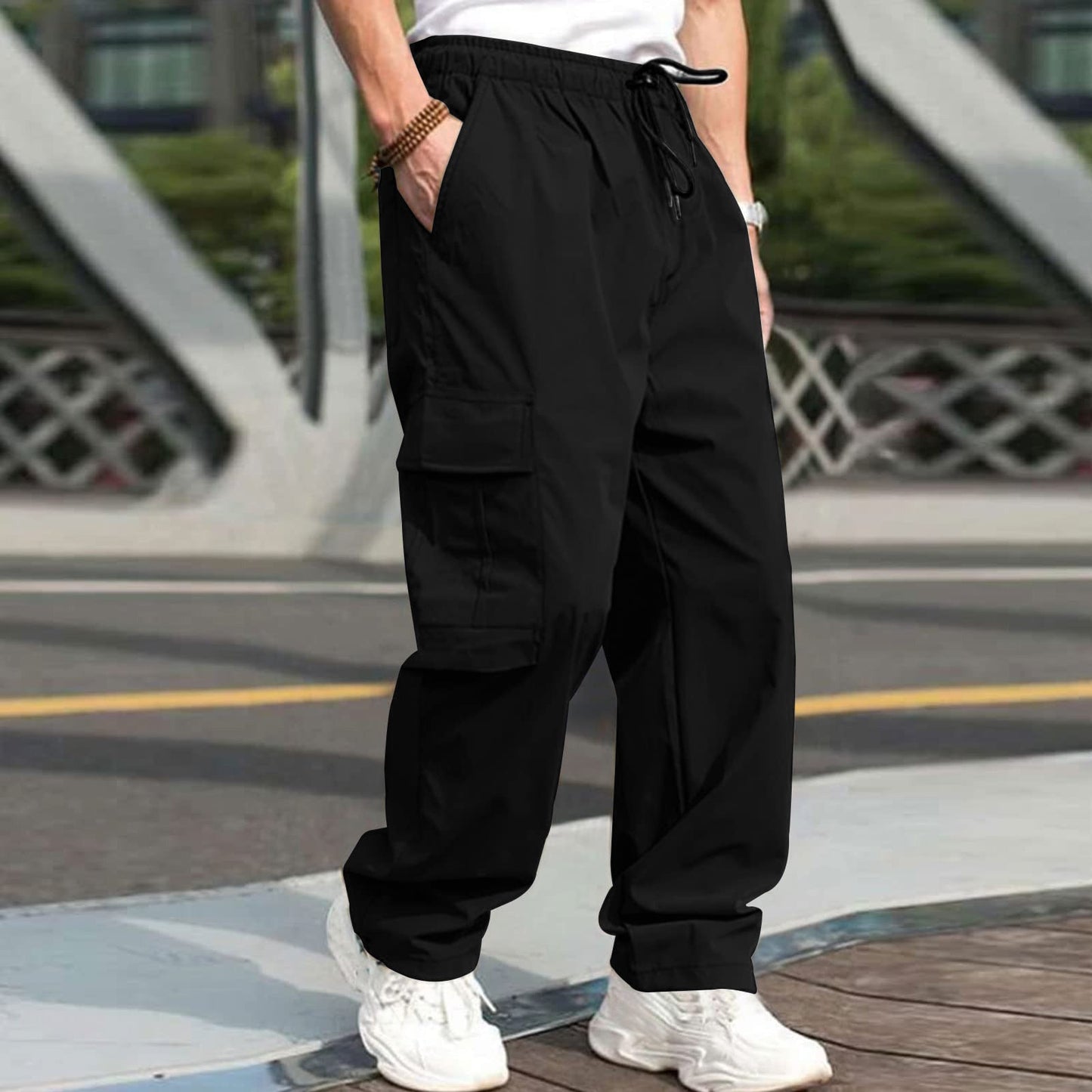 Casual Cargo Pants For Men Loose Straight Drawstring Waist Trousers With Pockets - Jaazi Intl