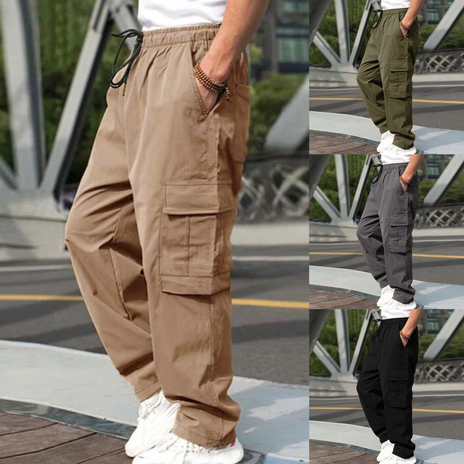 Casual Cargo Pants For Men Loose Straight Drawstring Waist Trousers With Pockets - Jaazi Intl