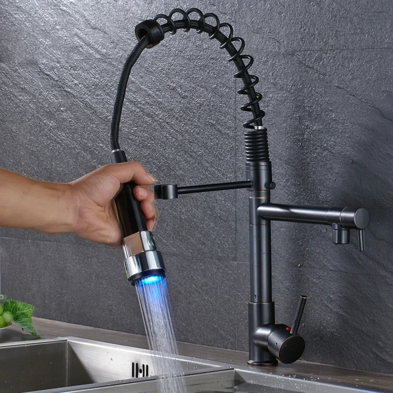 LED Light Black Bronze Dual Spout Kitchen Faucet Single Handle Spring Pull Down Water Taps for Kitchen Handheld Kitchen Sprayer - Jaazi Intl